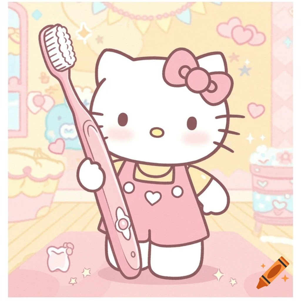 Hello Kitty holding a pink toothbrush in a pastel room, cartoon style.