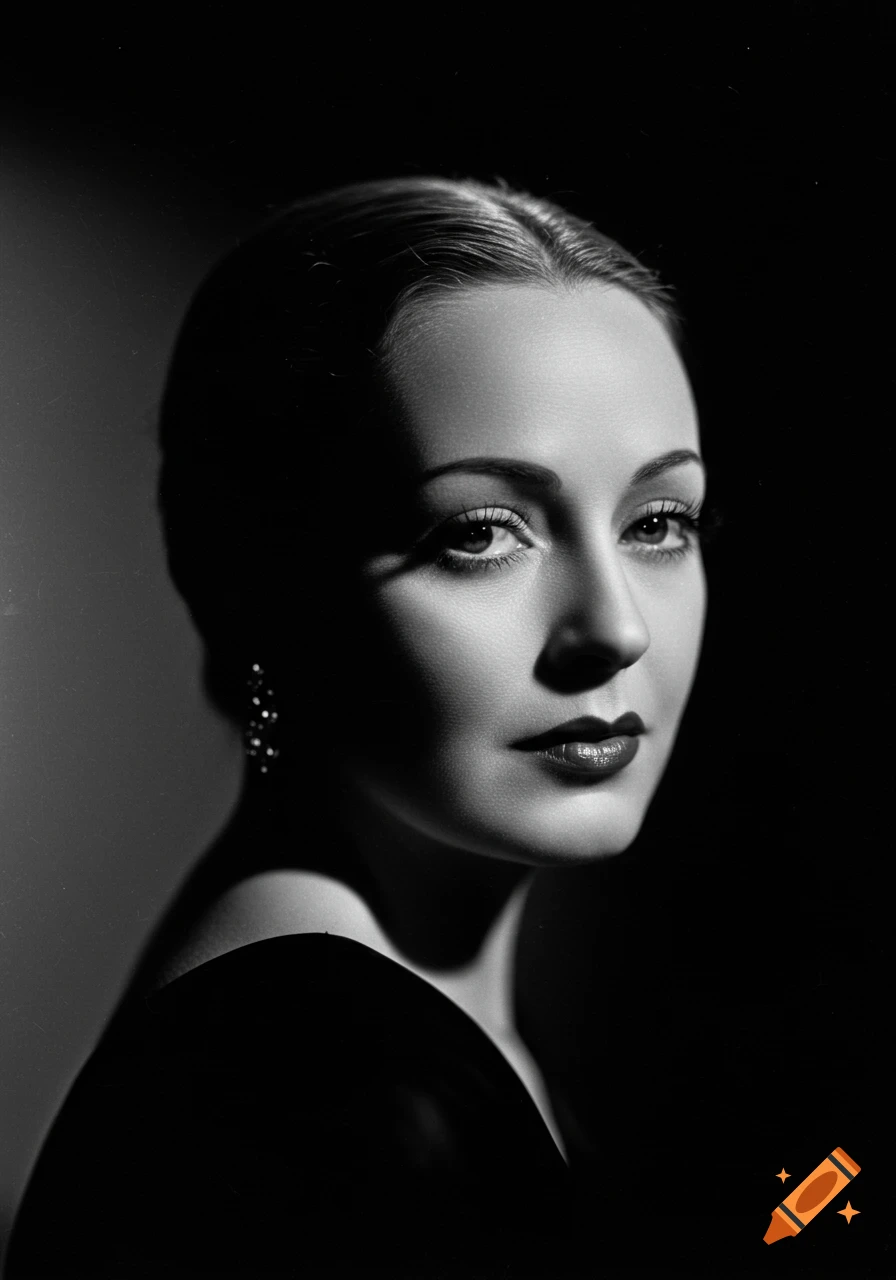 Black and white portrait of a woman in 1920s Hollywood glamour style with chiaroscuro lighting.