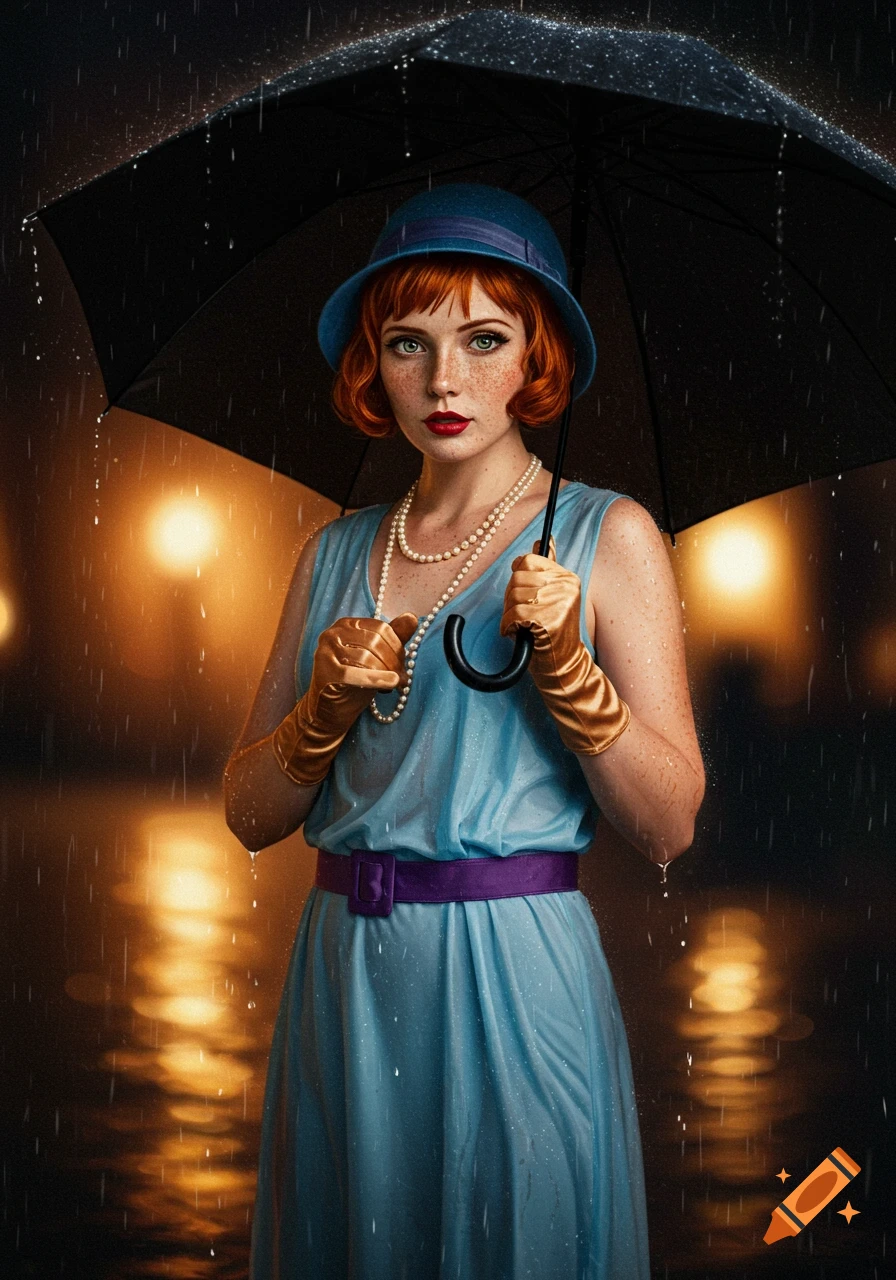 A woman with red hair in a 1920s blue flapper dress and hat holds a black umbrella in the rain at night. Photorealistic.