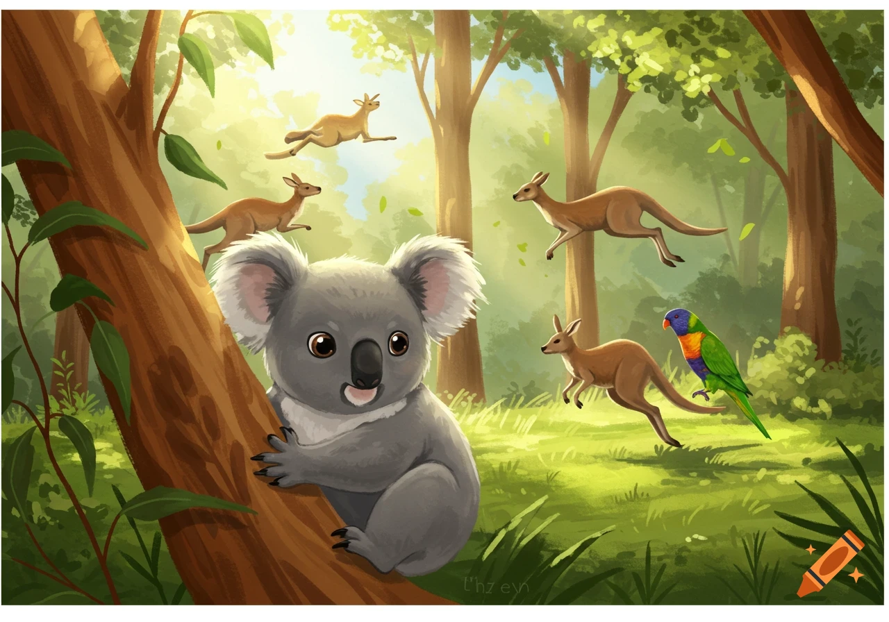 Cartoon illustration of a cute koala on a tree in a sunny Australian forest with hopping kangaroos and a colorful parrot.