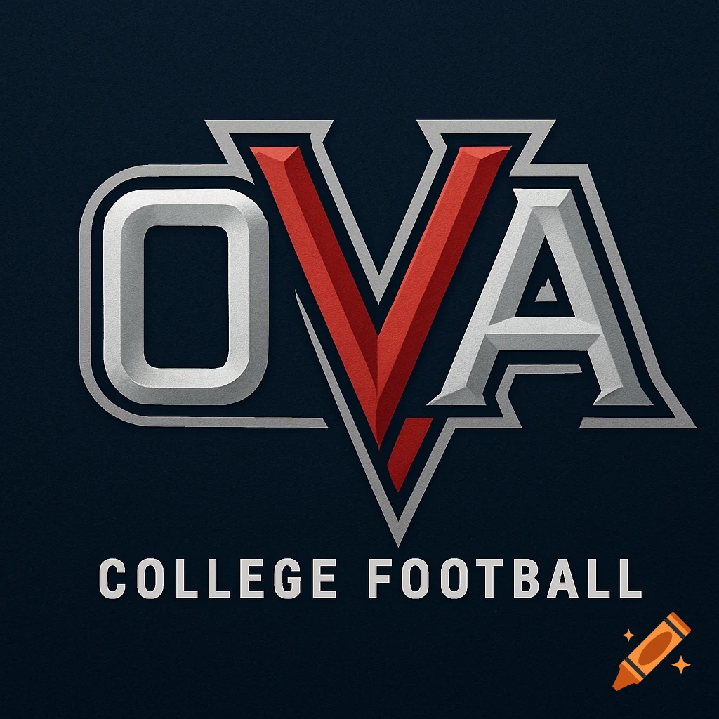 A stylized sports logo featuring the letters 'OVA' in silver and red with a shadowed, metallic effect, above the words 'COLLEGE FOOTBALL' in silver on a dark navy background.