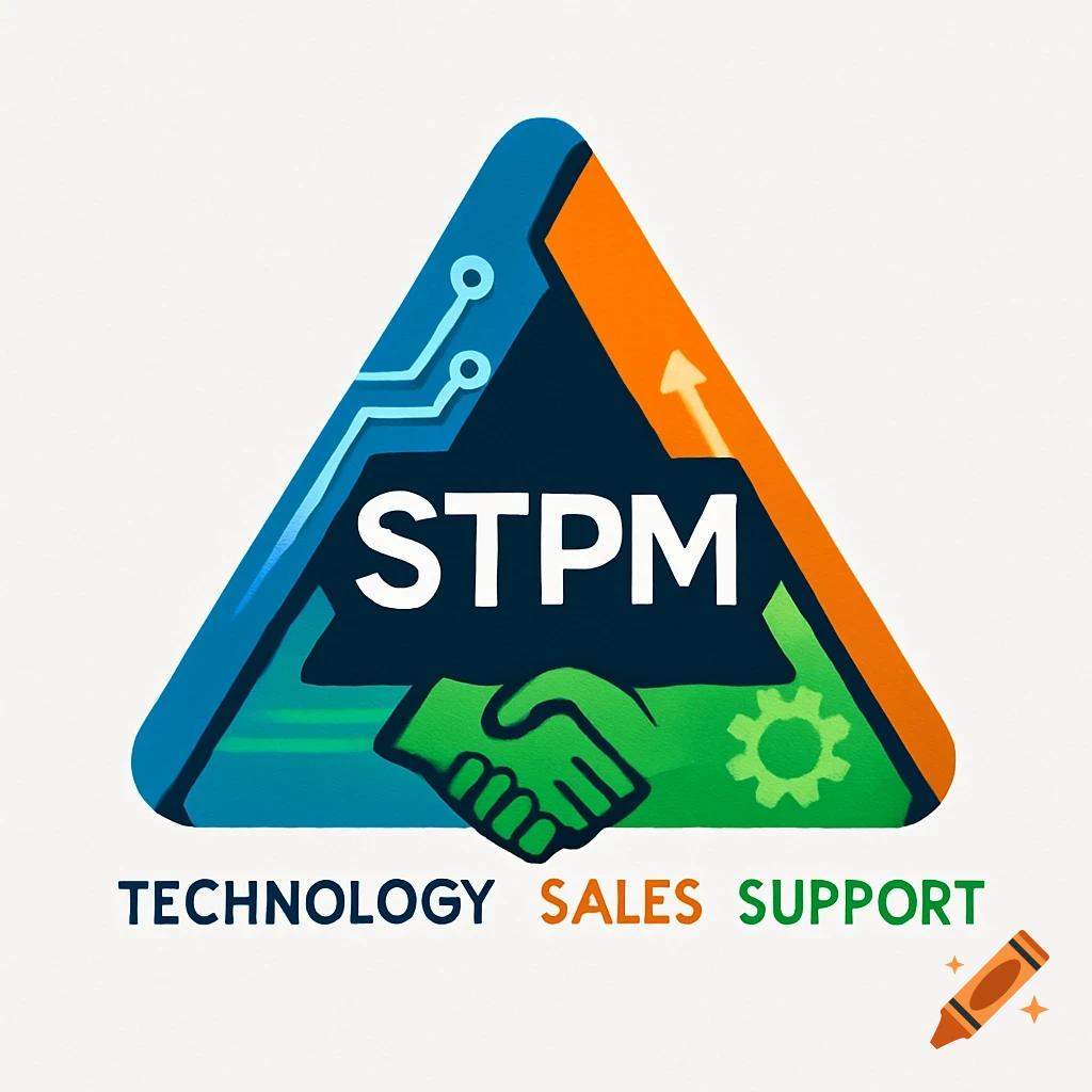 A logo with a triangle split into blue, orange, and green sections, featuring circuit lines, an arrow, a handshake, and a gear, with 'STPM' inside and 'TECHNOLOGY SALES SUPPORT' below.