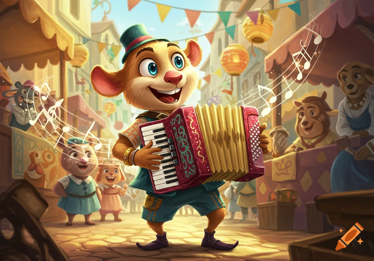 A joyful cartoon mouse plays an accordion at a vibrant outdoor market with other animal characters and festive decorations.