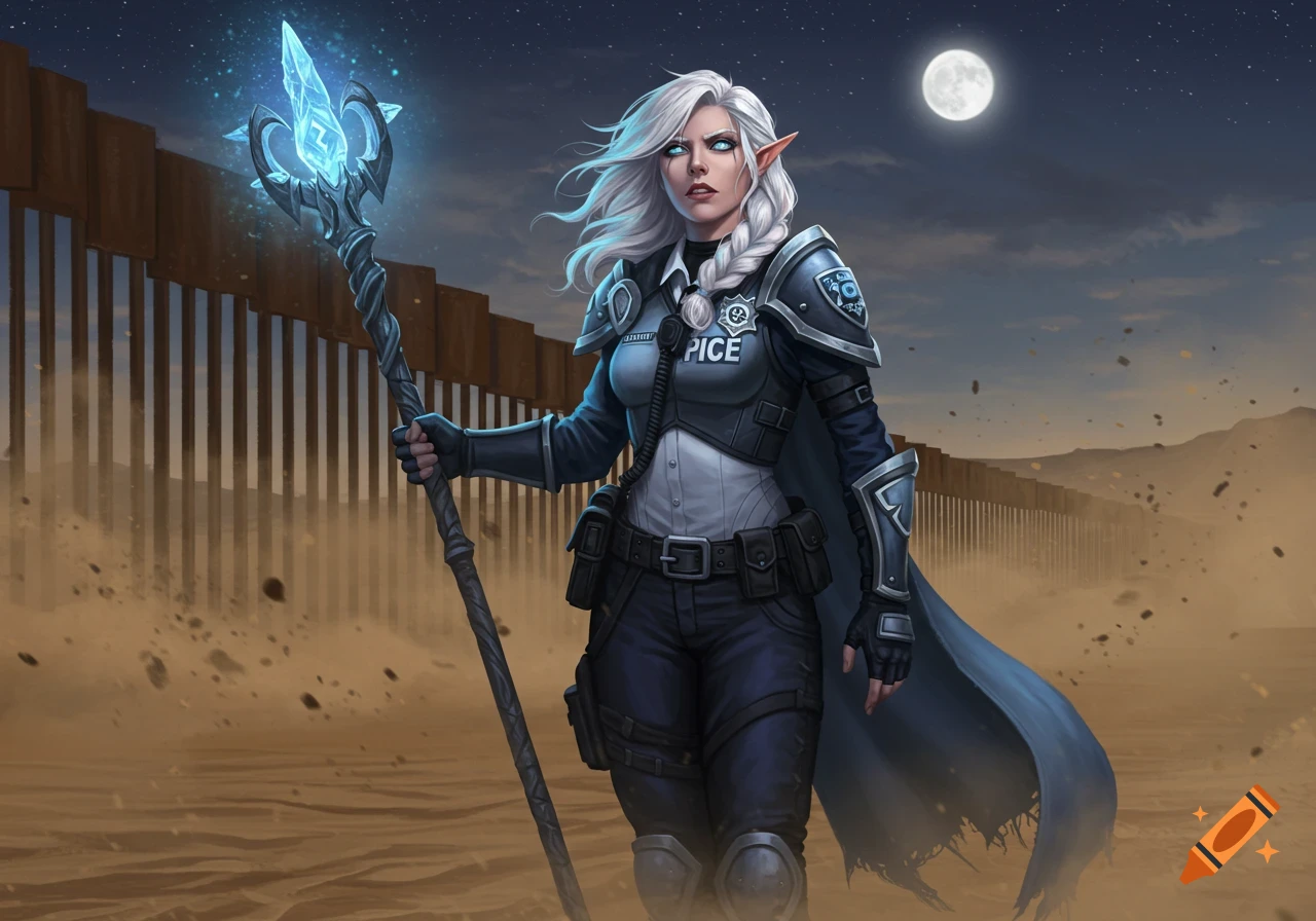 A white-haired female elf in a police-style uniform holds a glowing staff in a desert landscape at night.