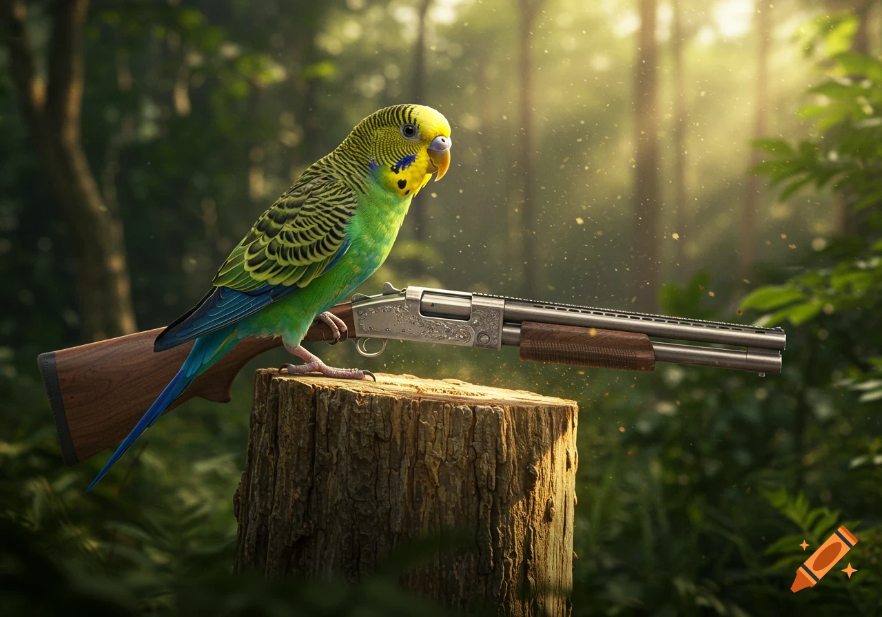 A photorealistic green and yellow parakeet stands on a tree stump next to a shotgun in a sunlit forest.