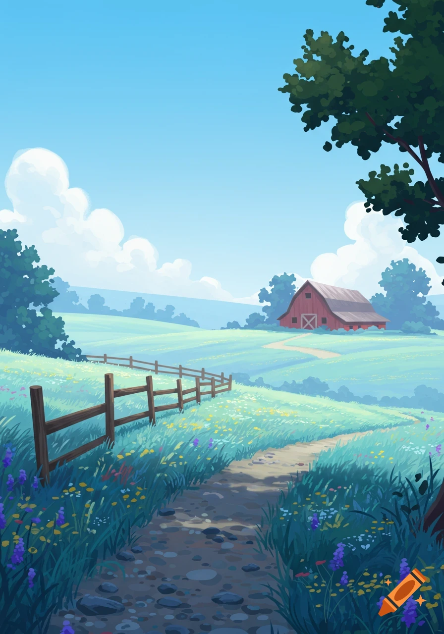 Cartoon illustration of a peaceful countryside path winding through green fields with wildflowers towards a red barn under a blue sky.