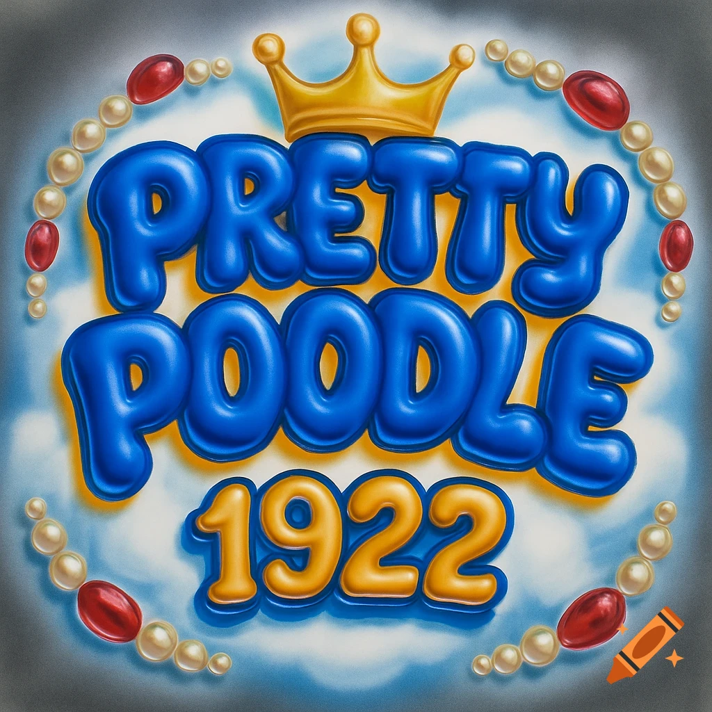 Blue and gold bubble letters spelling 'PRETTY POODLE 1922' with a golden crown, pearls, and rubies on a cloud background.