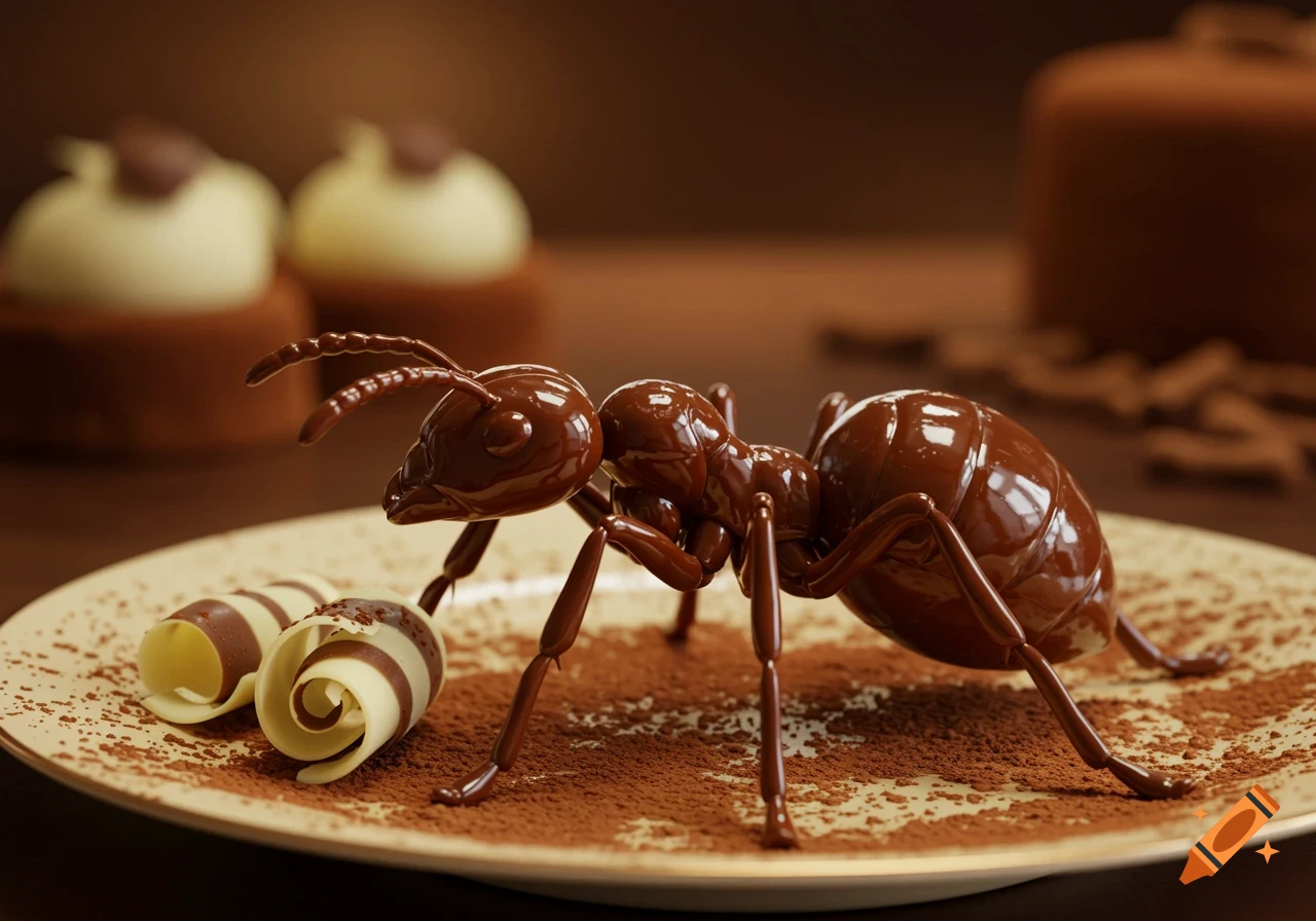 A photorealistic chocolate ant sculpture on a plate with cocoa powder and white chocolate curls.