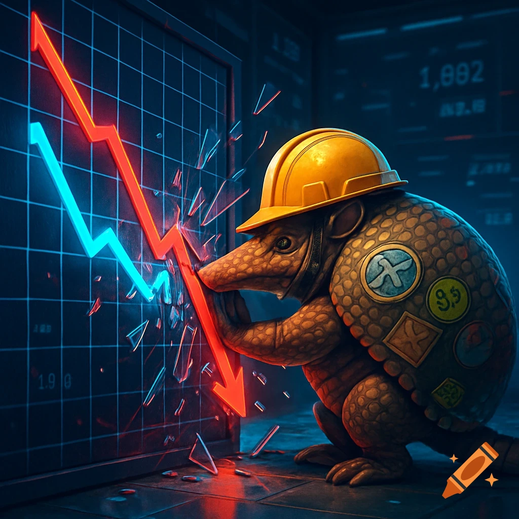 An armadillo in a yellow hard hat breaks a red downward-trending line on a digital financial graph with its shell, symbolizing market intervention.