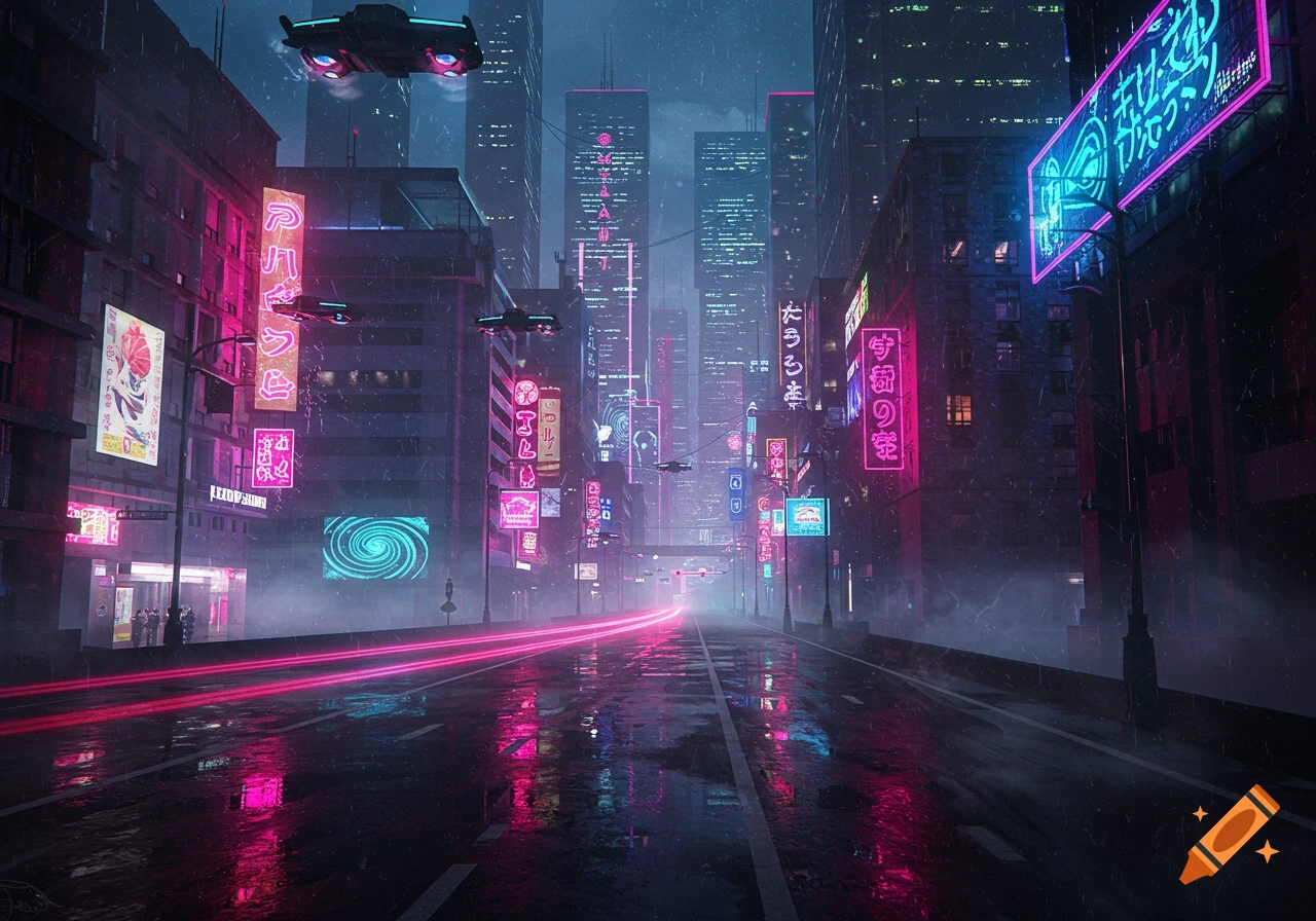 A dark, futuristic city street at night, illuminated by numerous vibrant neon signs in pink and blue, with flying vehicles above and glowing light trails on the wet, reflective asphalt.