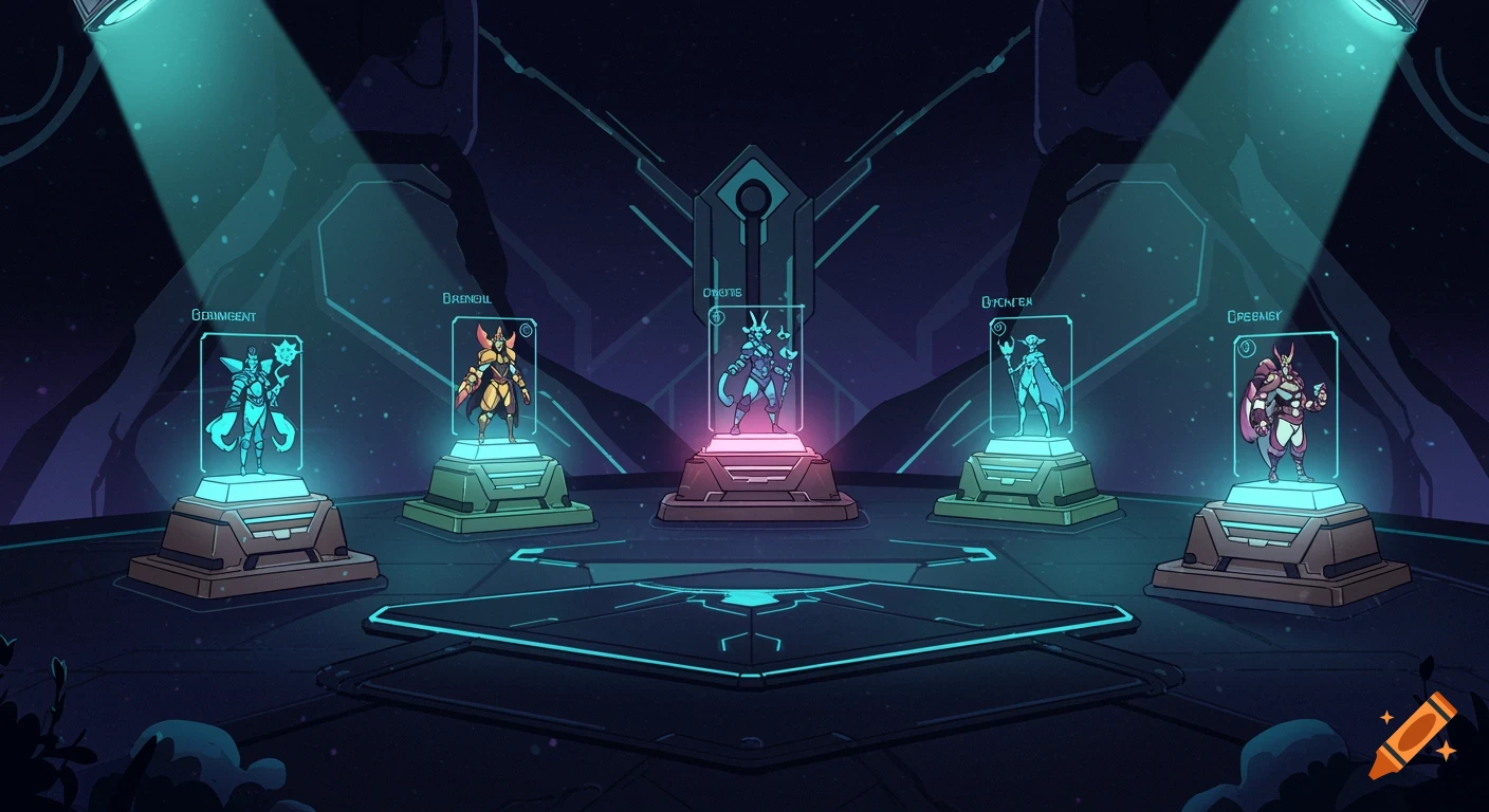 A cel-shaded sci-fi hero selection screen showing five futuristic characters on glowing pedestals in a dark room.