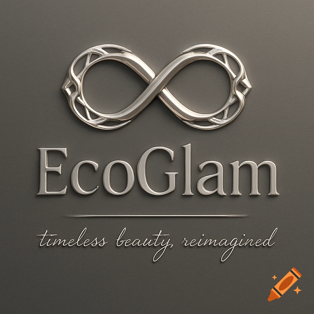 A silver infinity symbol logo with the text 'EcoGlam' and 'timeless beauty, reimagined' on a gray background.