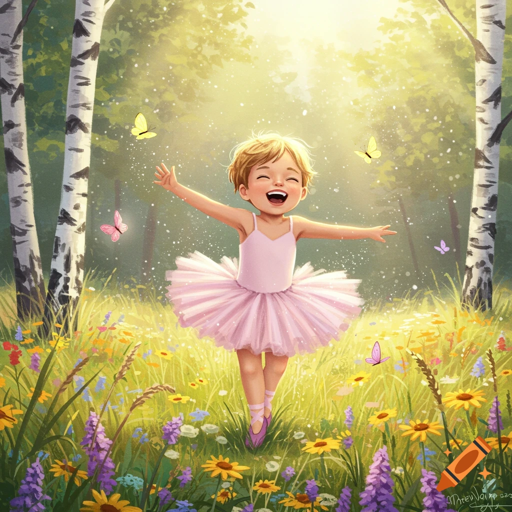 A happy child in a pink tutu dances joyfully in a sunlit meadow filled with colorful wildflowers and butterflies, surrounded by birch trees.