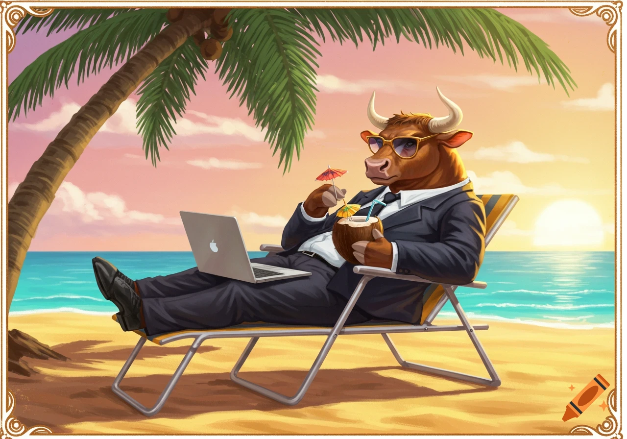 An illustrated bull in a business suit relaxes on a beach chair with a laptop and coconut drink under a palm tree at sunset.