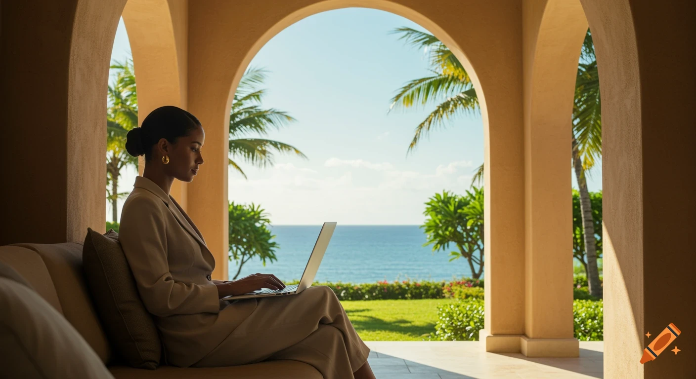 A woman sits on a couch under arches, typing on a laptop with a view of the ocean, palm trees, and green lawn.