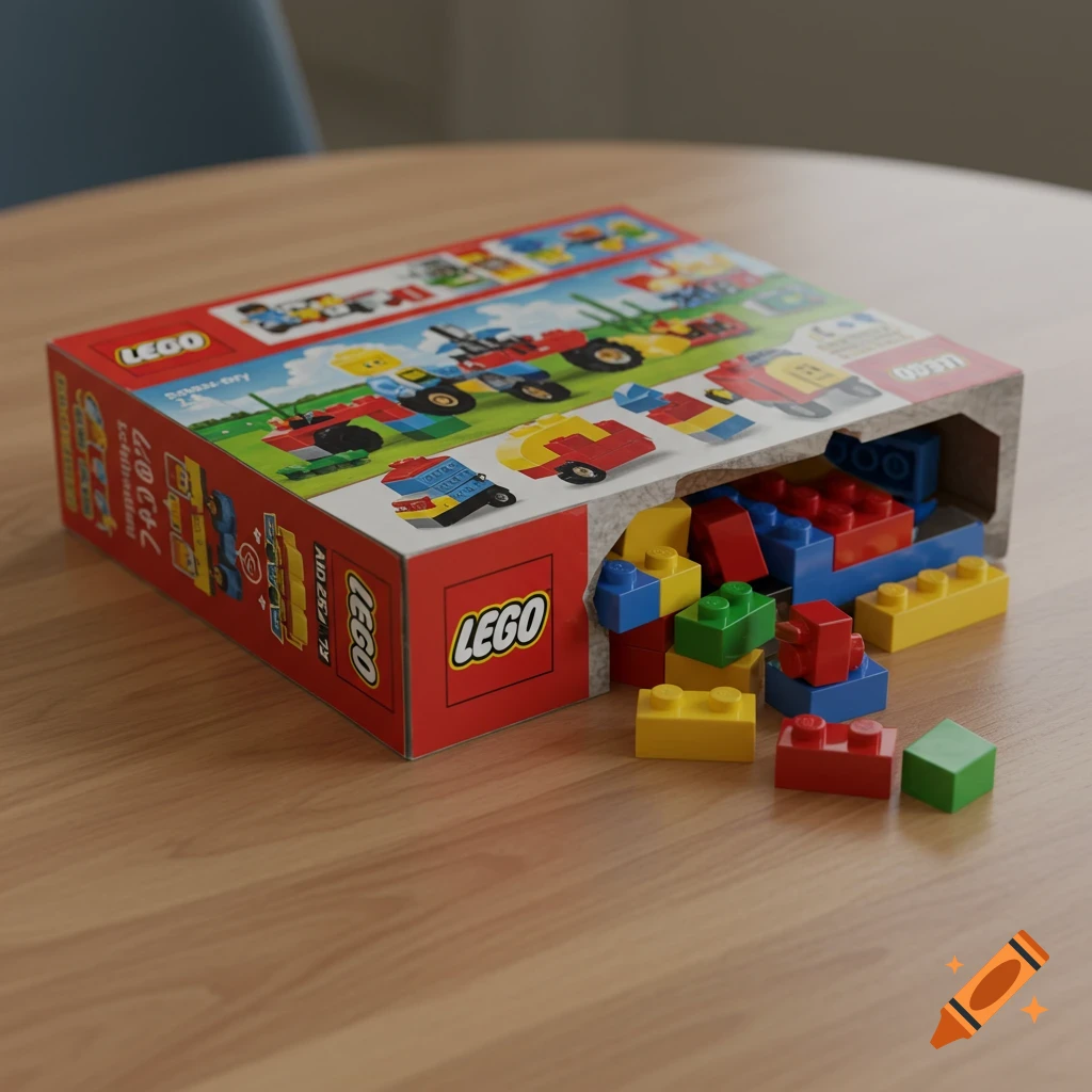 An opened Lego box with colorful bricks spilling out onto a wooden table.
