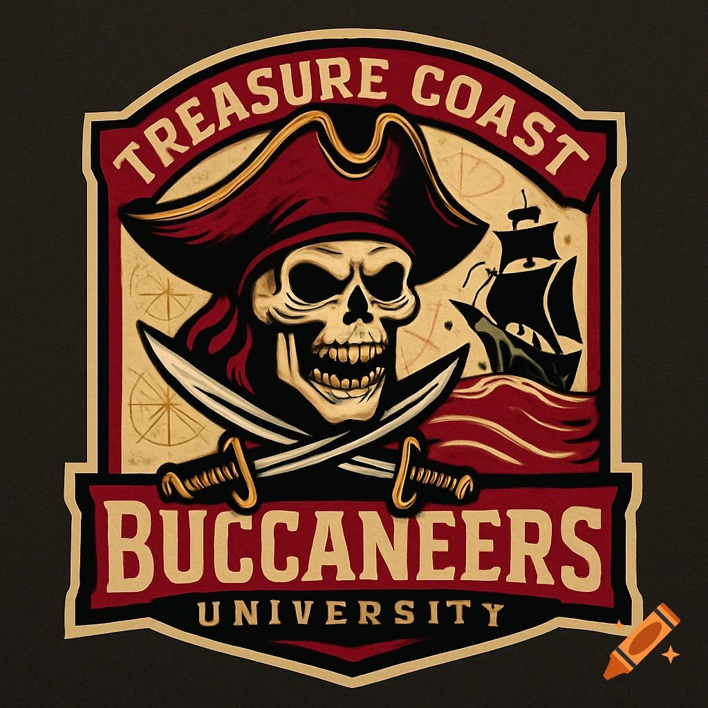 A crimson, gold, and black sports logo featuring a skull in a pirate hat, crossed swords, a ship, and text "Treasure Coast Buccaneers University".