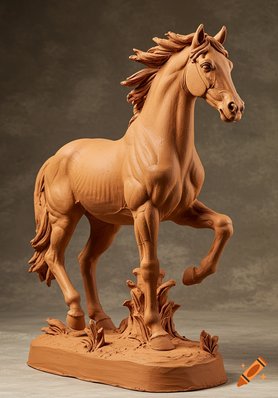 A detailed clay sculpture of a horse standing with one front leg raised on a textured base.
