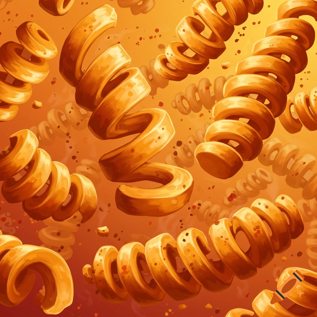 Illustrative image of numerous golden curly fries spiraling and floating against an orange background with seasoning specks.
