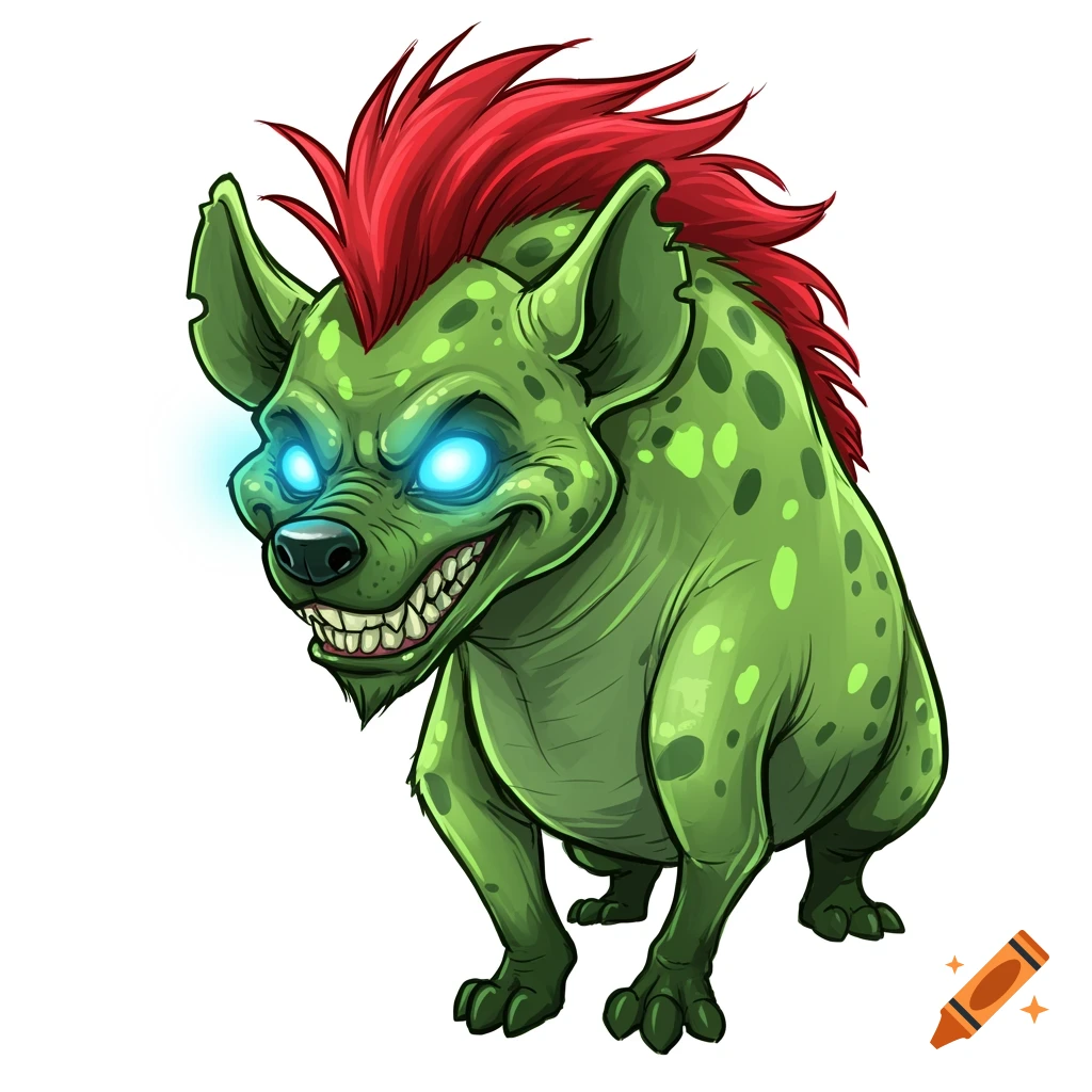 A cartoonish green draconian hyena with red hair and glowing blue eyes.