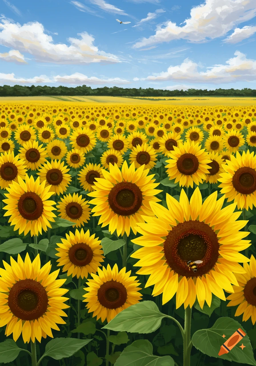A vibrant illustration of a vast field of yellow sunflowers under a blue sky with white clouds, with a bee on a sunflower in the foreground.