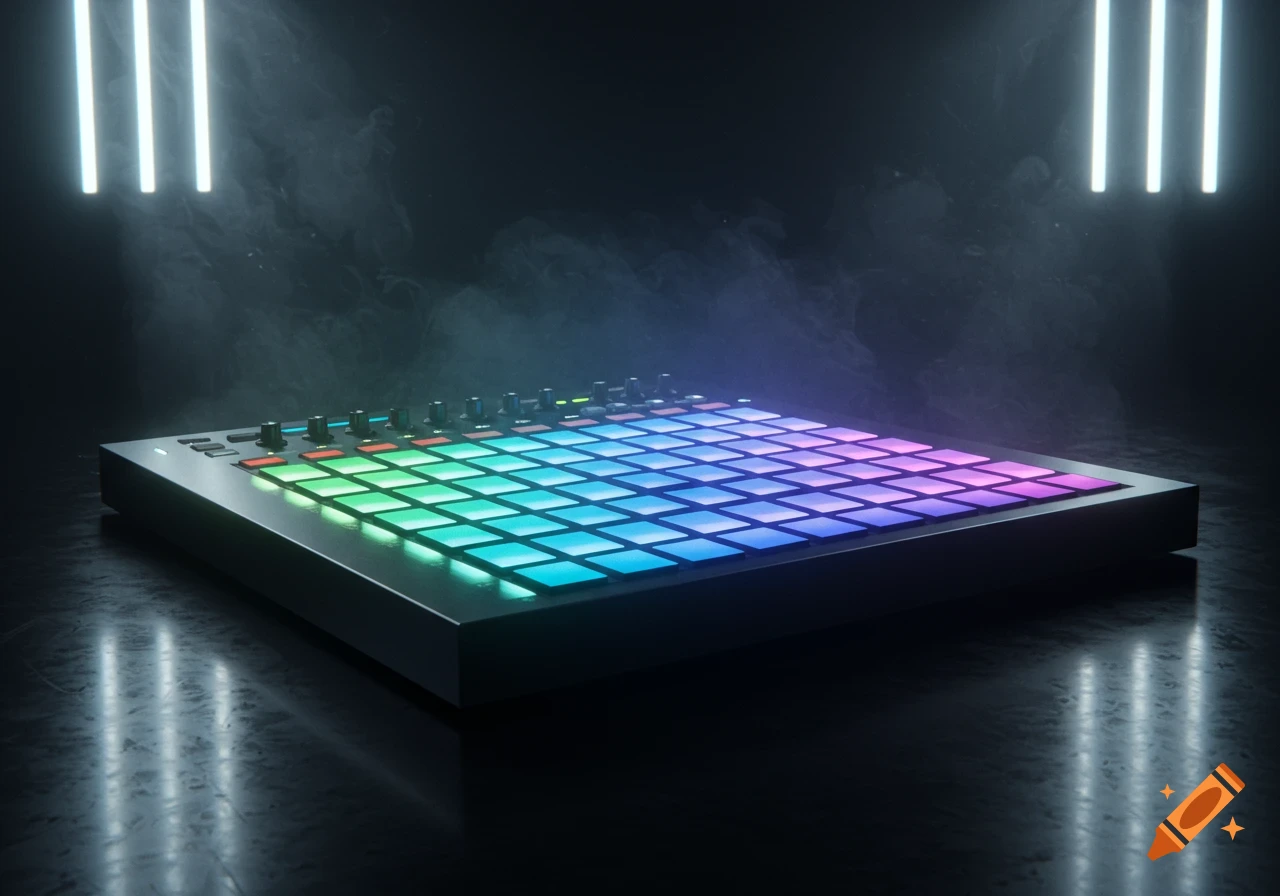 A close-up shot of a MIDI launchpad with colorful illuminated square pads, surrounded by smoke and neon lights.