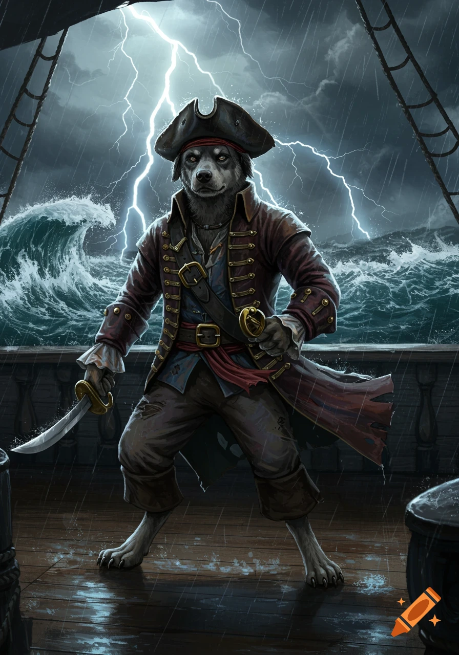 A anthropomorphic dog pirate captain in a red coat and tricorn hat stands on a ship deck during a stormy night with lightning and waves.