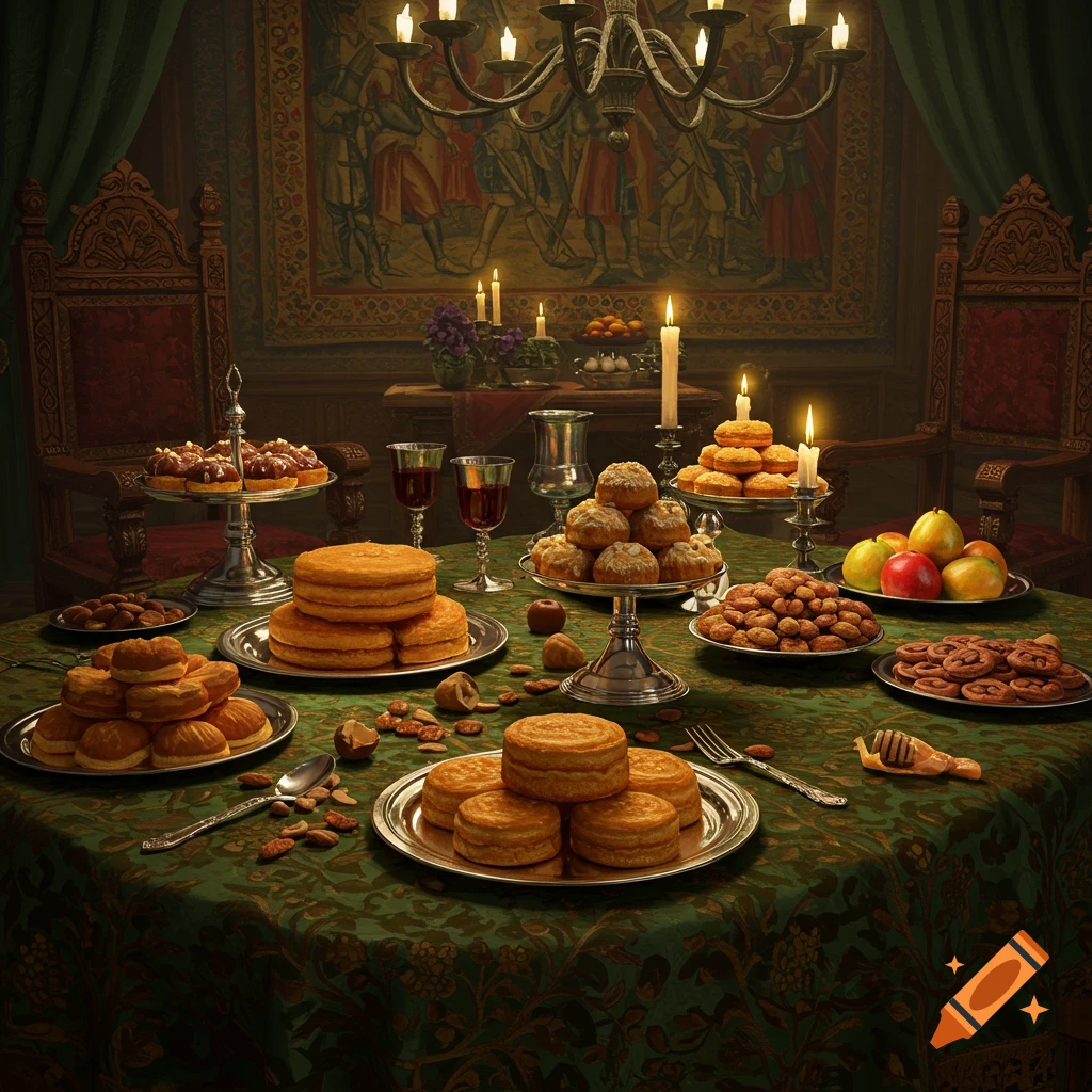 A grand medieval feast table laden with various desserts, candles, and fruits in a richly decorated room.