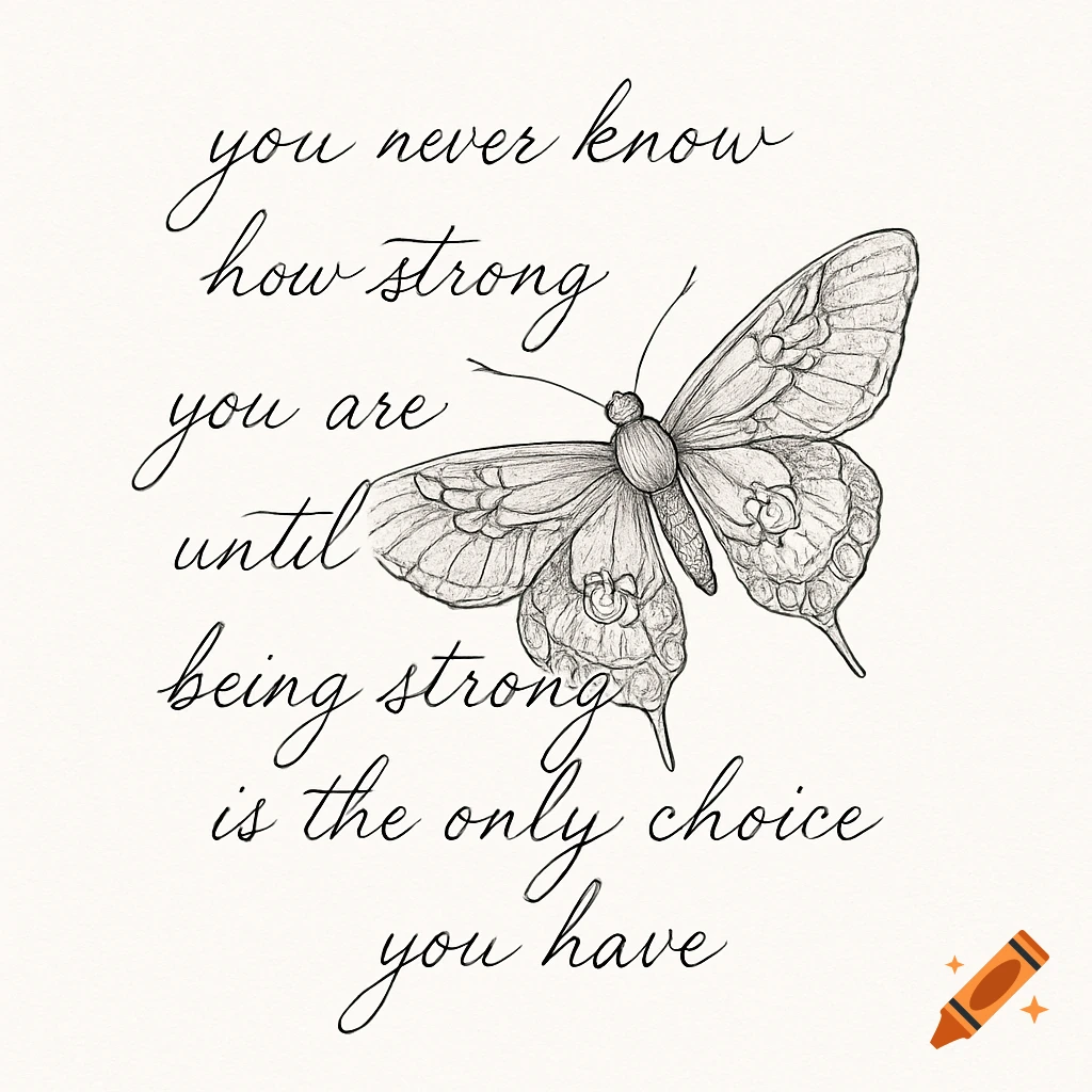 An elegant cursive quote, 'you never know how strong you are until being strong is the only choice you have,' with a detailed black ink butterfly illustration.
