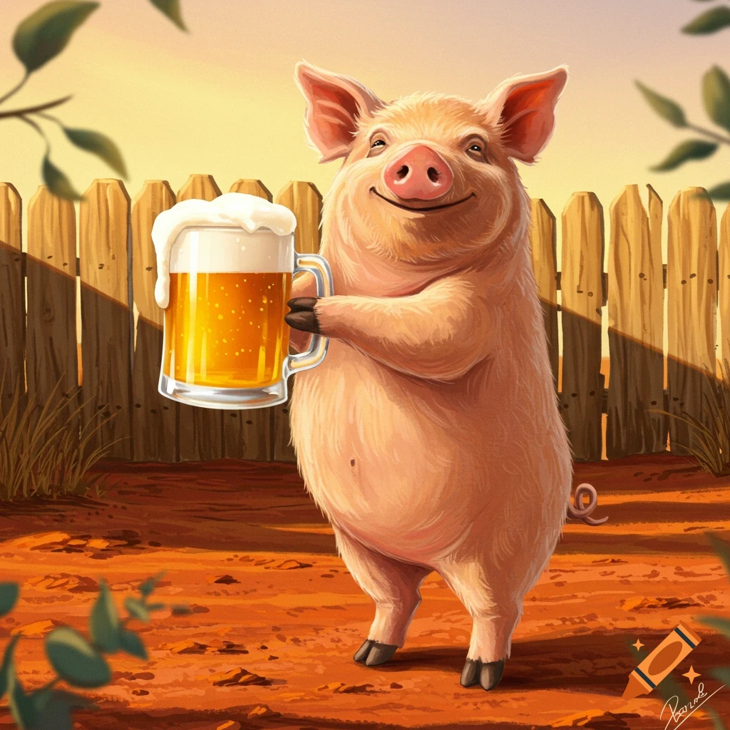 A happy cartoon pig stands in a yard holding a frothy mug of beer.