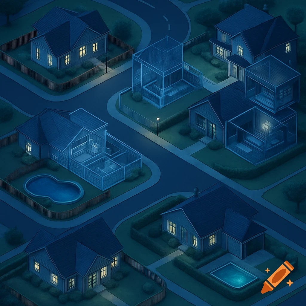 Isometric view of a suburban neighborhood at night, with some houses showing transparent blueprint sections revealing interiors.