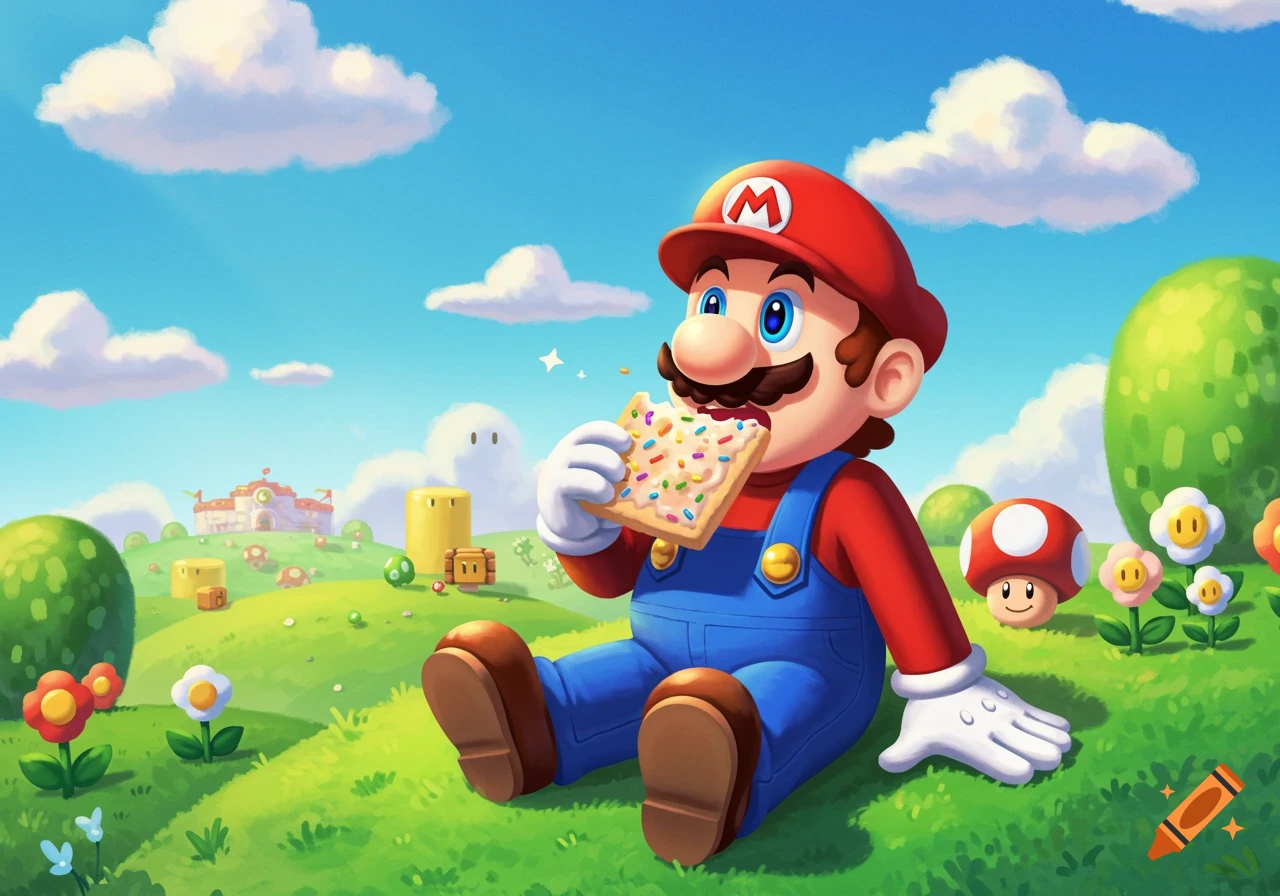 Mario sits on a grassy hill in a vibrant cartoon landscape, eating a frosted pastry. A red mushroom and yellow flowers are nearby. The sky is blue with fluffy white clouds.
