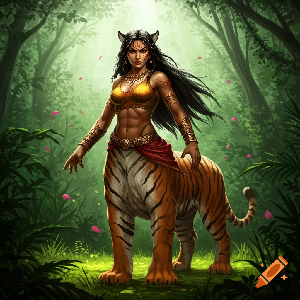 A striking digital painting of a tigress centaur with Indian features and toned physique, standing in a lush green jungle.