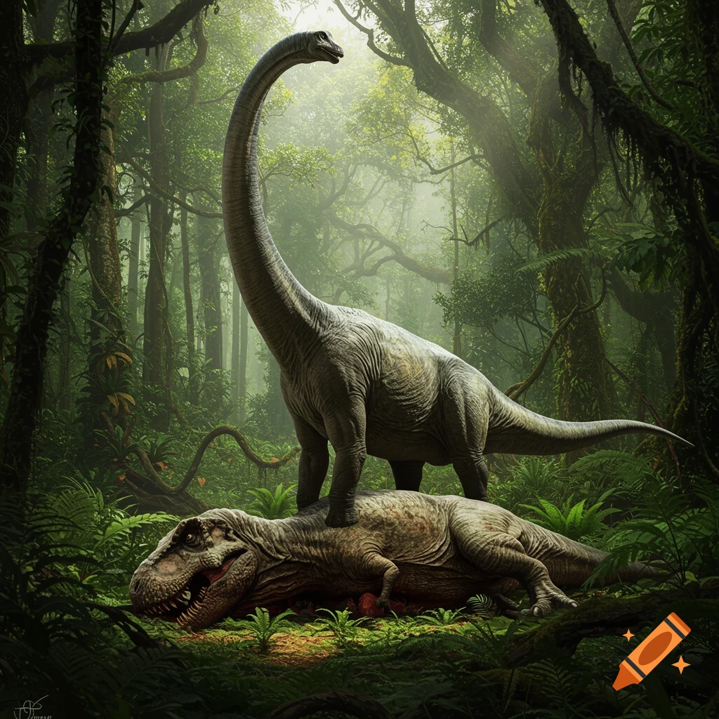 A photorealistic image of a large Diplodocus standing on the body of a dead T-Rex in a lush, misty jungle.