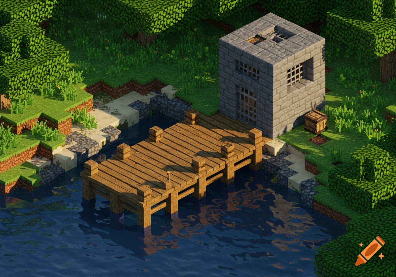 A voxel art scene depicting a small wooden dock extending into water next to a stone holding building, surrounded by green trees and grass.