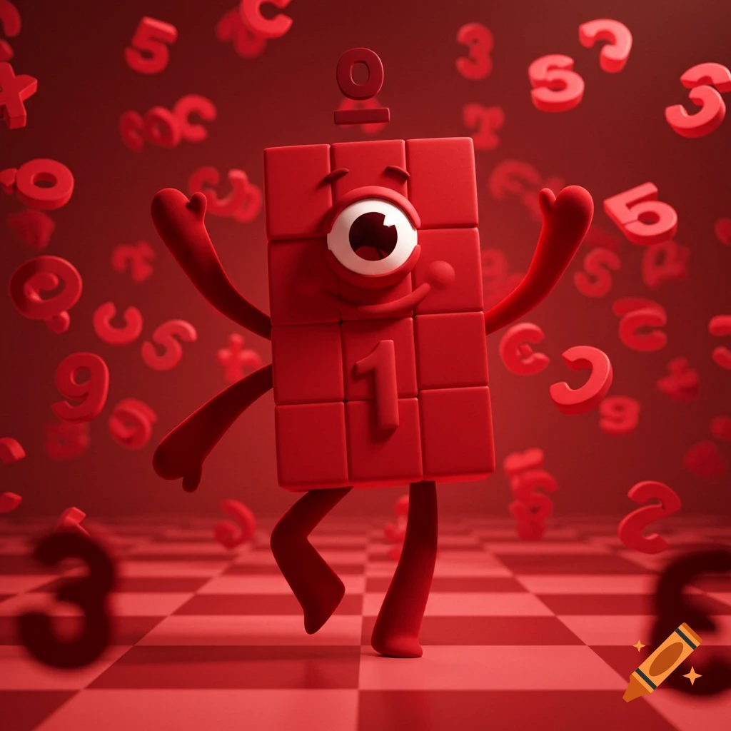 A smiling red Numberblock One character with one eye and red limbs, dancing on a red and dark red checkered floor, surrounded by floating red numbers.