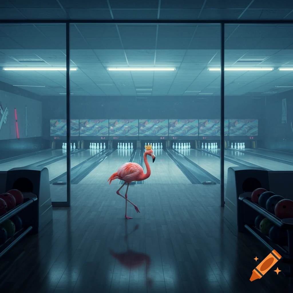 A pink flamingo wearing a small gold crown stands on a dark wooden lane in an empty bowling alley at night, surrounded by bowling pins and balls.