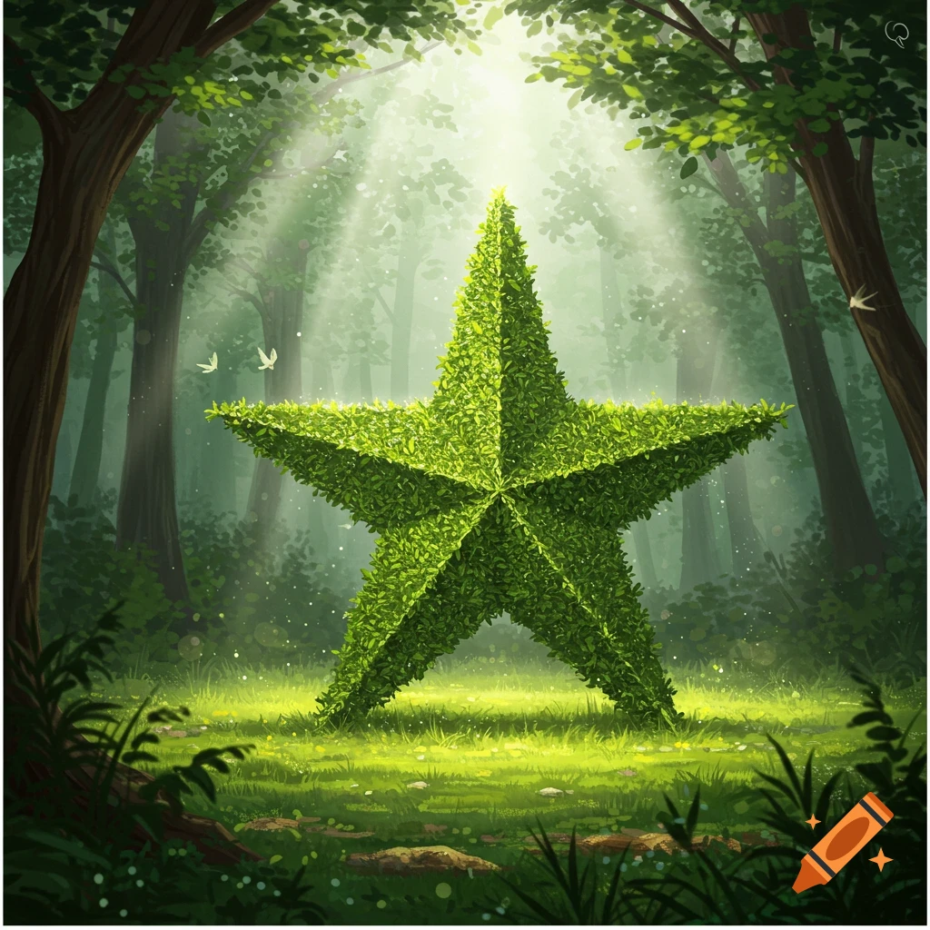 A large, green star-shaped topiary stands in a vibrant forest, illuminated by sunbeams through the trees. Illustrated style.