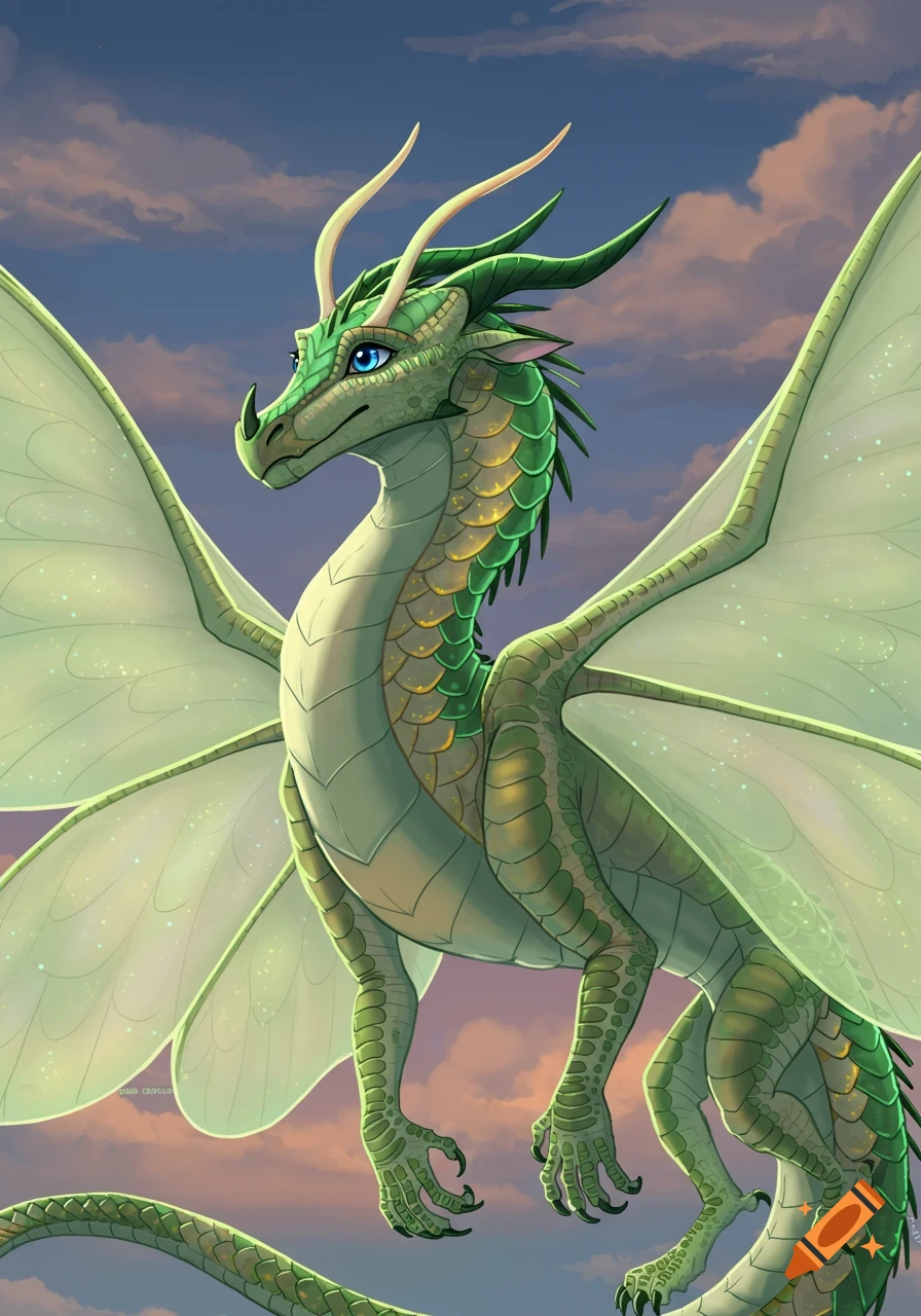 A pale green dragon with emerald accents, gold markings, and pale green luna moth-like wings, against a cloudy sky.