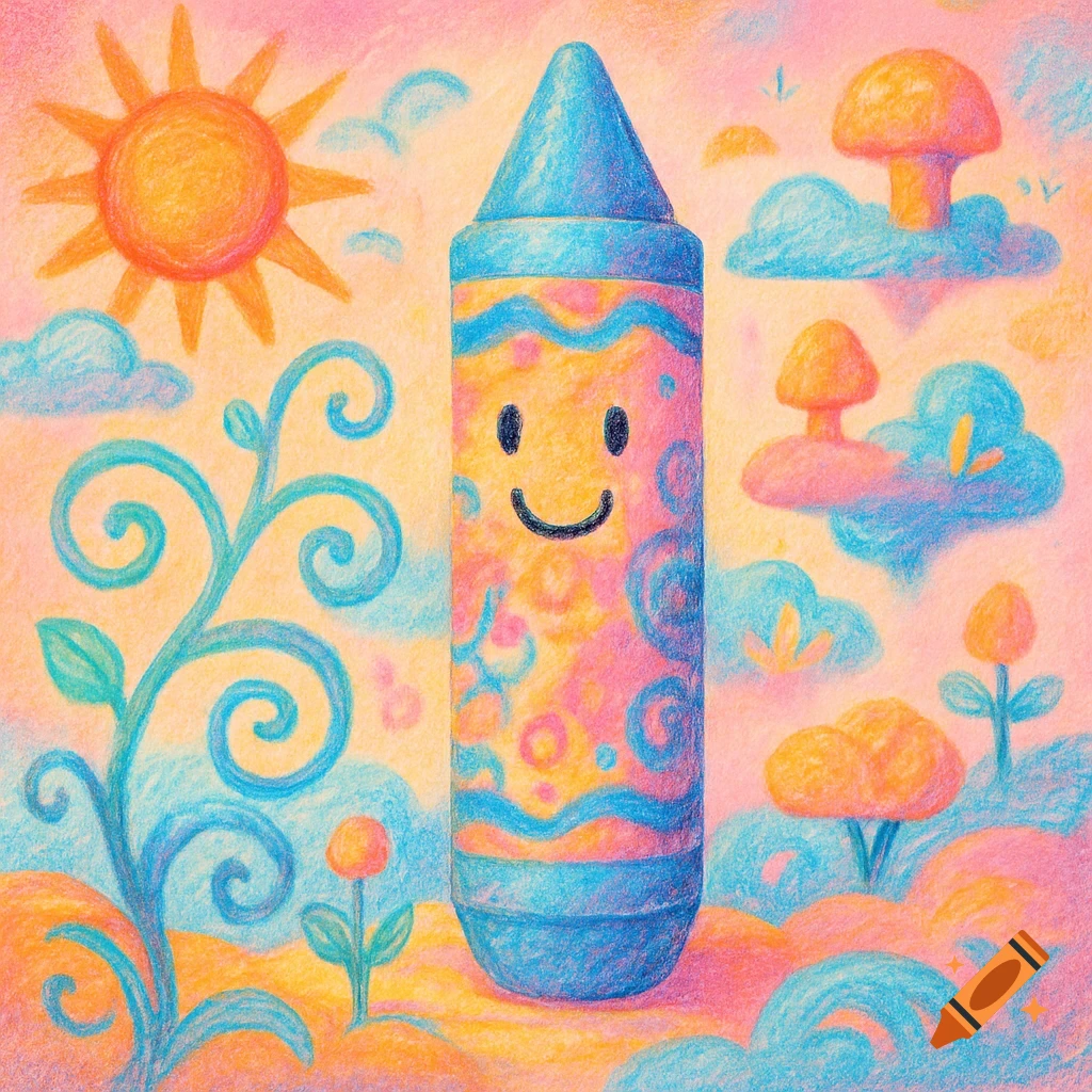 A smiling, colorful crayon character stands in a whimsical pastel landscape with a sun, plants, and mushrooms, drawn in a crayon style.