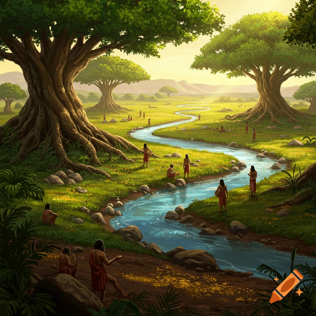 Lush, sunlit ancient landscape with a winding river, massive trees, and figures in simple clothing. Evokes early humanity in nature.