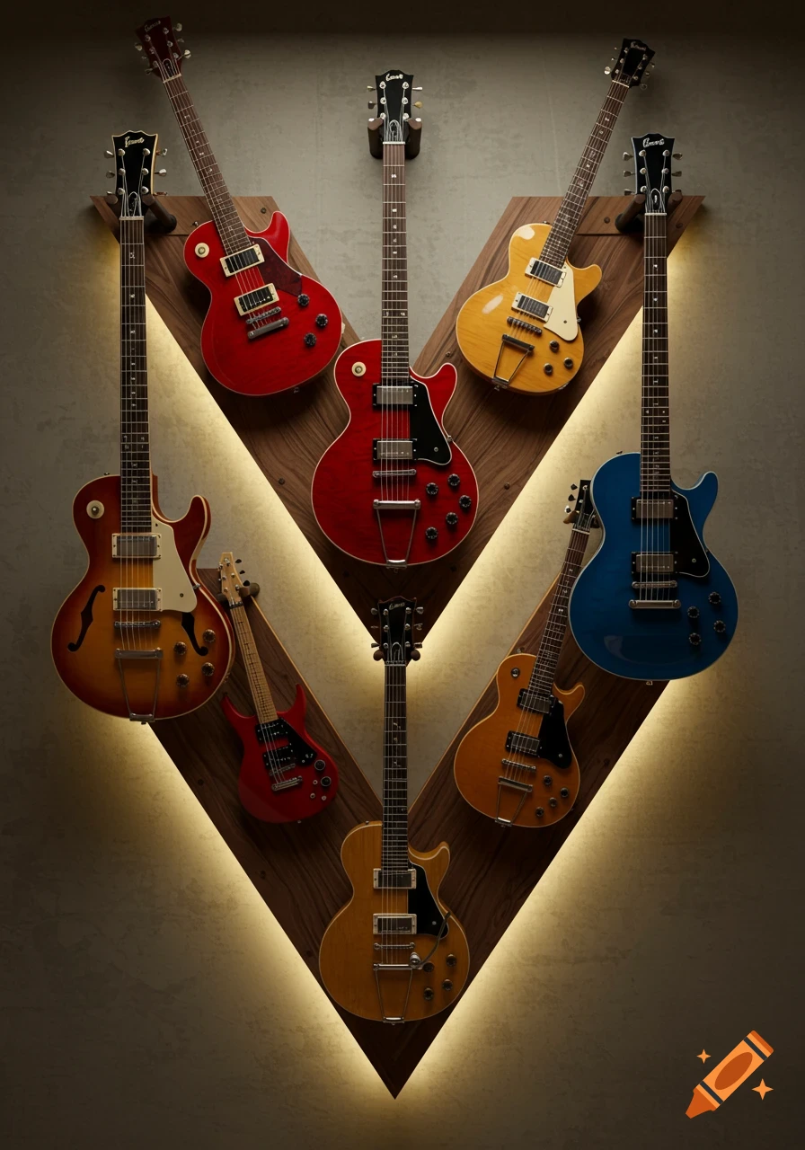A decorative wall display featuring eight electric guitars of various colors, including red, yellow, blue, and brown, arranged in a V-shape on wooden panels with backlit illumination. Photorealistic style.