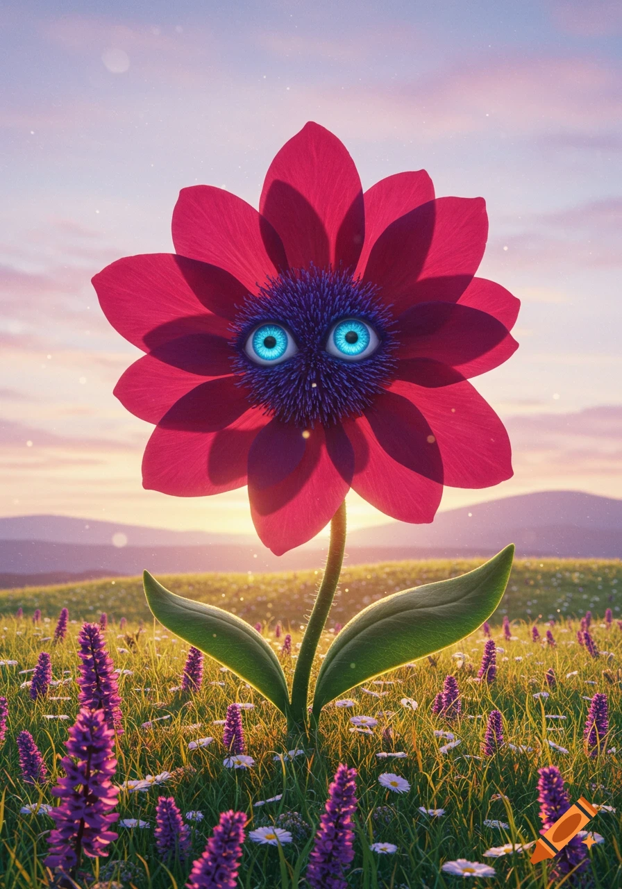 A vibrant red flower with glowing blue eyes stands in a field of wildflowers at sunset.