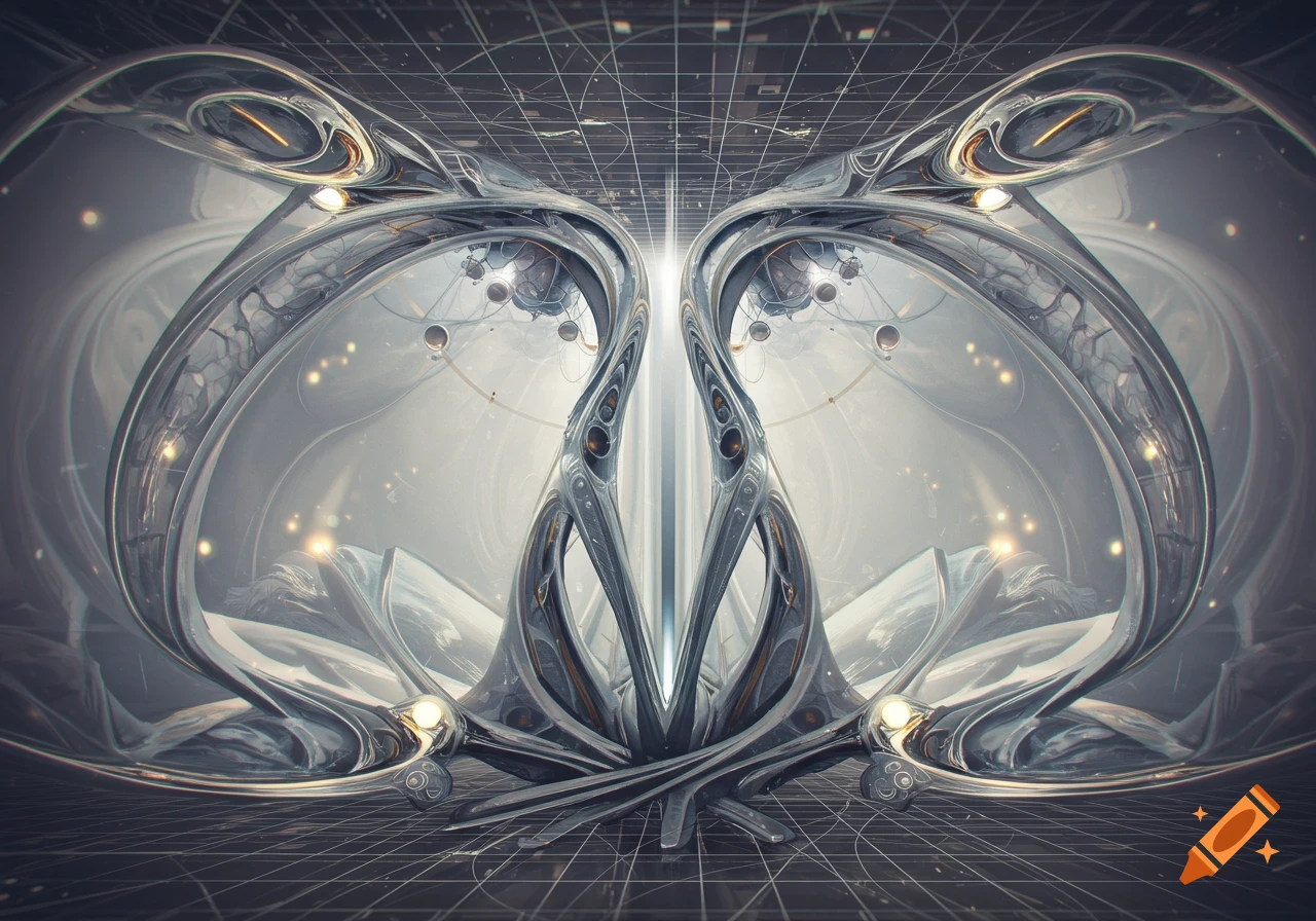 Abstract symmetrical metallic structure with glowing lights over a grid pattern, resembling futuristic architecture.