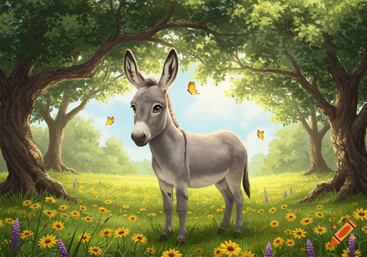 A cute donkey stands in a vibrant green field filled with yellow and purple flowers under a sunny sky with trees.
