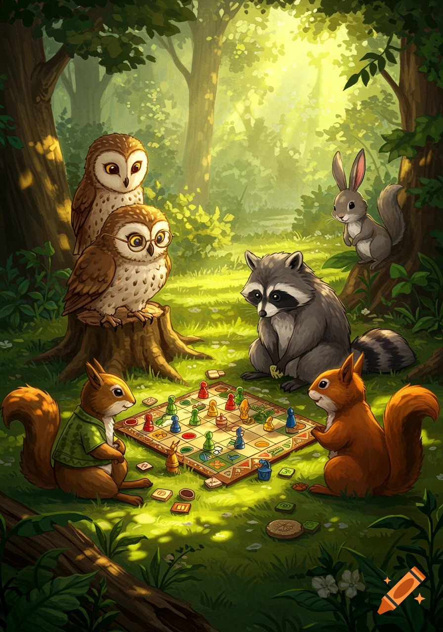 Cute forest animals, including squirrels, owls, a raccoon, and a rabbit, gathered around a board game in a sunlit forest clearing.