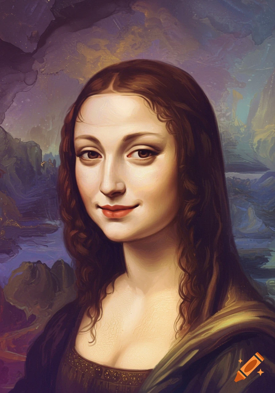 Painting of a woman with long dark hair, resembling Mona Lisa, against a smoky, colorful background.