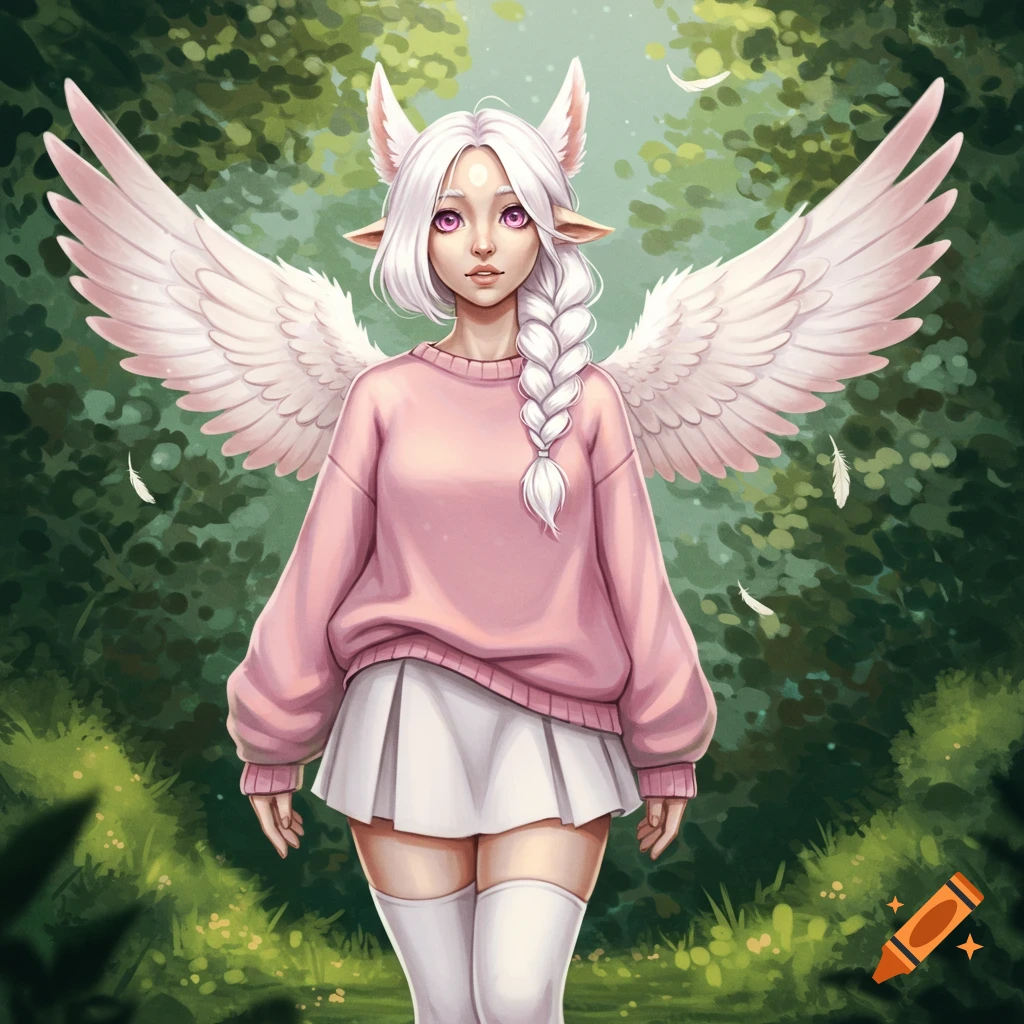 Anime-style illustration of a fantasy girl with white hair, pink eyes, feathered ears, and pink wings in a pink sweater, white skirt, and thigh-high socks, standing in a forest.