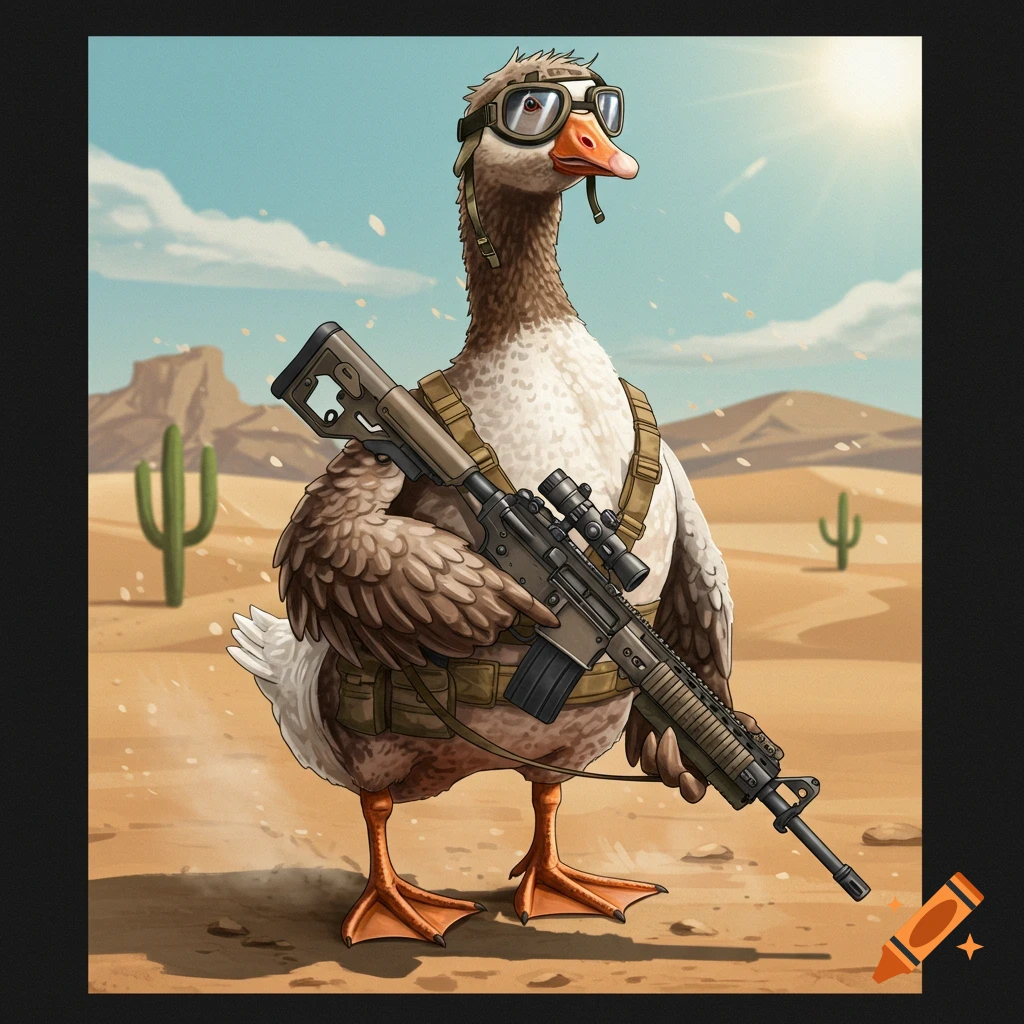 A cartoon goose wearing military goggles and a tactical vest holds a rifle in a desert landscape with cacti under a sunny sky.