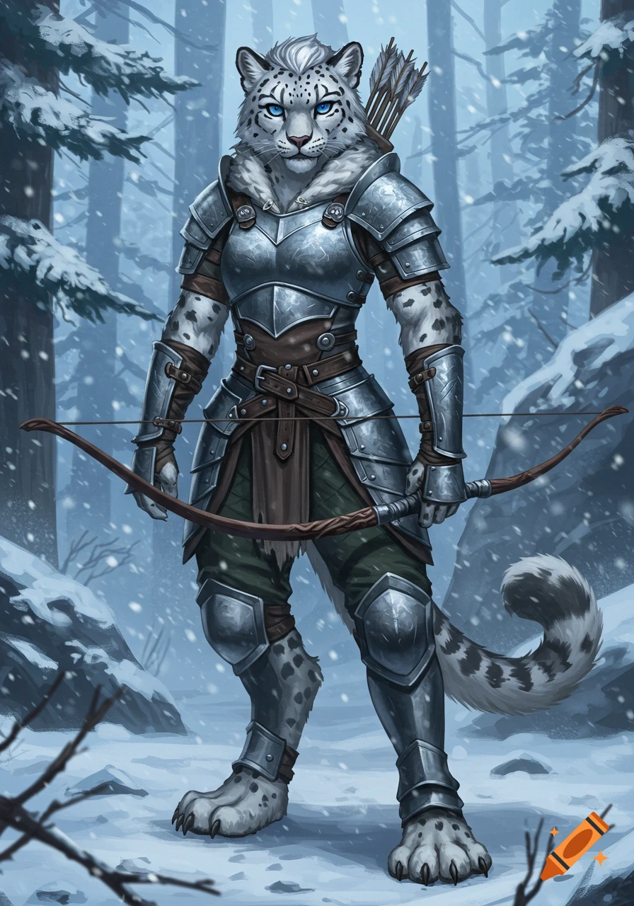 An anthropomorphic snow leopard ranger in detailed silver armor stands holding a bow in a snowy forest. The character has bright blue eyes.